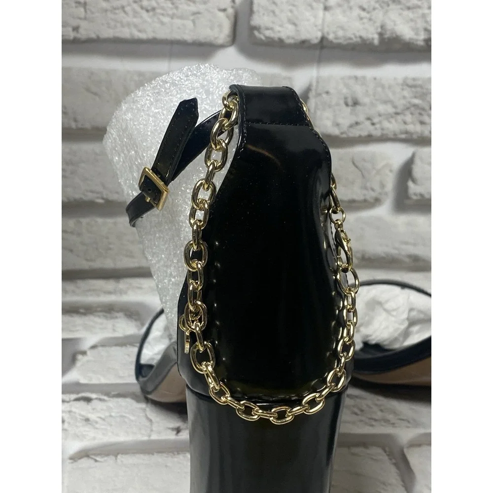 Maje High Heel Sandals‎ with Gold-Tone Chain Black Leather Women's Size 11